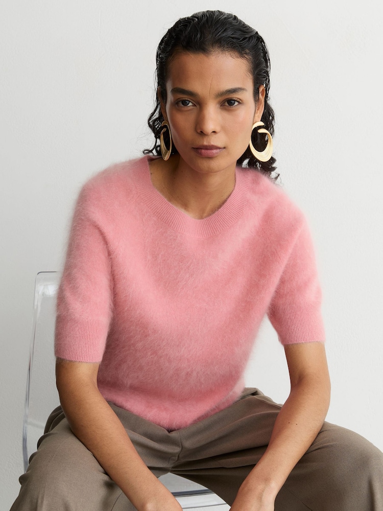 Reiss Pink Julia 100% Brushed Cashmere Short-Sleeve Top - Image 1 of 7 Reiss Pink Julia 100% Brushed Cashmere Short-Sleeve Top - Image 1 of 7