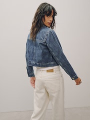 Dark Blue Pleated Denim Trucker Jacket - Image 3 of 4