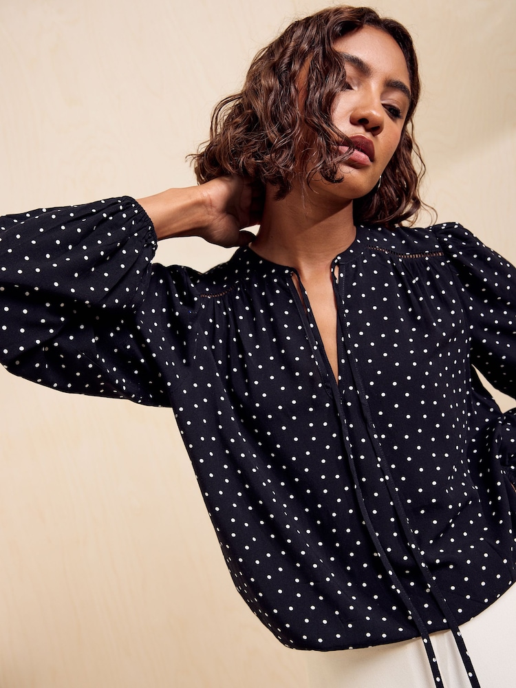 Friends Like These Black Spot Long Sleeve Tie Neck Top - Image 2 of 6