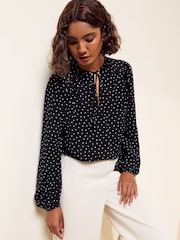 Friends Like These Black Spot Long Sleeve Tie Neck Top - Image 4 of 6