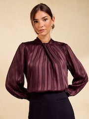 Friends Like These Burgundy Red Satin Twist Neck Long Sleeve Blouse - Image 1 of 6