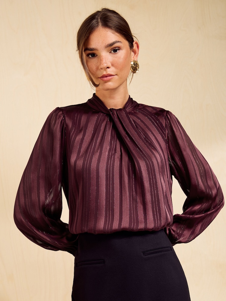 Friends Like These Burgundy Red Satin Twist Neck Long Sleeve Blouse - Image 1 of 6