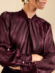 Friends Like These Burgundy Red Satin Twist Neck Long Sleeve Blouse - Image 2 of 6