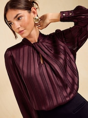 Friends Like These Burgundy Red Satin Twist Neck Long Sleeve Blouse - Image 4 of 6