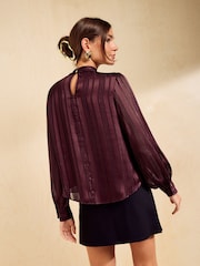 Friends Like These Burgundy Red Satin Twist Neck Long Sleeve Blouse - Image 5 of 6