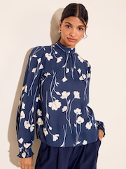 Navy Stem Print - Friends Like These High Neck Shirred Cuff Blouse - Larawan 1 ng 5