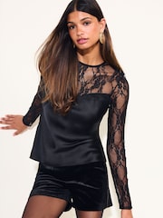 Friends Like These Black Satin Blouse With Lace Long Sleeves - Image 1 of 6