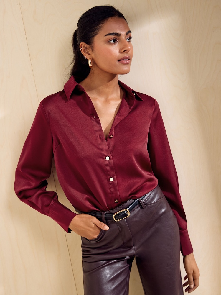 Friends Like These Burgundy Red Satin Button Through Shirt - Image 1 of 4 Friends Like These Burgundy Red Satin Button Through Shirt - Image 1 of 4