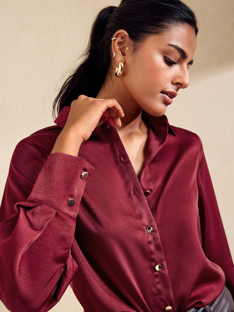 Friends Like These Burgundy Red Satin Button Through Shirt - Image 2 of 4 Friends Like These Burgundy Red Satin Button Through Shirt - Image 2 of 4