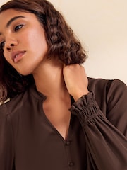 Friends Like These Chocolate Brown Lace Trim V-Neck Long Sleeve Blouse - Image 2 of 5