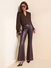 Friends Like These Chocolate Brown Lace Trim V-Neck Long Sleeve Blouse - Image 3 of 5