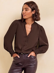 Friends Like These Chocolate Brown Lace Trim V-Neck Long Sleeve Blouse - Image 4 of 5
