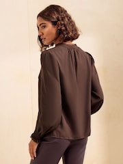 Friends Like These Chocolate Brown Lace Trim V-Neck Long Sleeve Blouse - Image 5 of 5