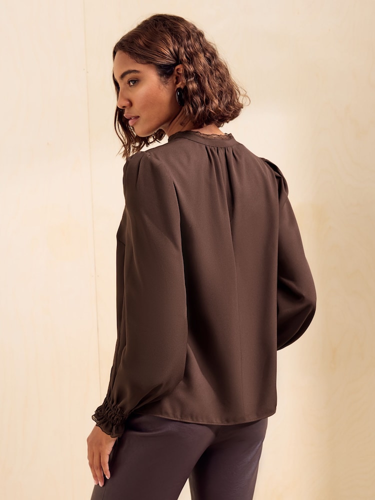 Friends Like These Chocolate Brown Lace Trim V-Neck Long Sleeve Blouse - Image 5 of 5