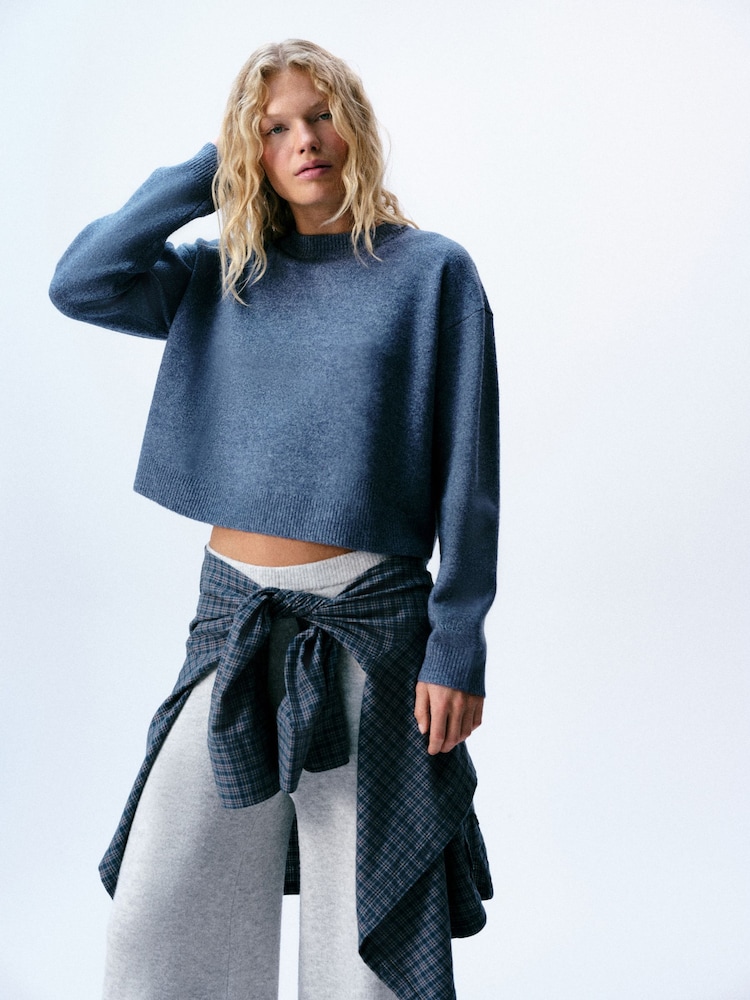 self. Blue Knitted Boxy Crew Neck Jumper - Image 2 of 5 self. Blue Knitted Boxy Crew Neck Jumper - Image 2 of 5
