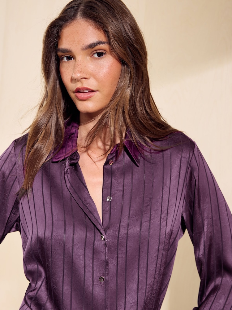 Friends Like These Aubergine Swirl Print Lurex Long Long Satin Shirt - Image 2 of 6 Friends Like These Aubergine Swirl Print Lurex Long Long Satin Shirt - Image 2 of 6