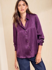 Friends Like These Aubergine Swirl Print Lurex Long Long Satin Shirt - Image 5 of 6