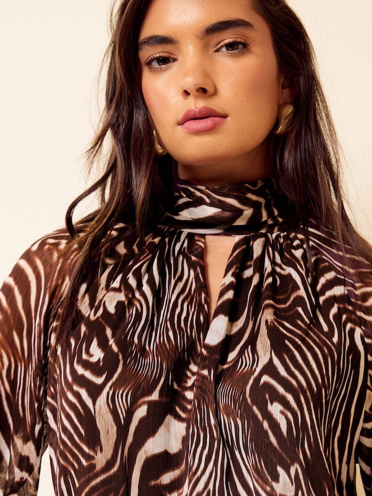 Friends Like These Animal Brown Chiffon High Neck Long Sleeve Blouse - Image 2 of 5
