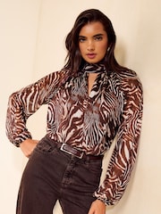 Friends Like These Animal Brown Chiffon High Neck Long Sleeve Blouse - Image 4 of 5