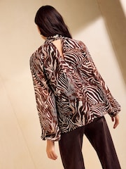 Friends Like These Animal Brown Chiffon High Neck Long Sleeve Blouse - Image 5 of 5