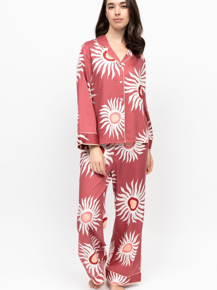 Fable and Eve Brown Abstract Sun Print Long Sleeve Wide Leg Pyjamas Set - Image 2 of 4 Fable and Eve Brown Abstract Sun Print Long Sleeve Wide Leg Pyjamas Set - Image 2 of 4