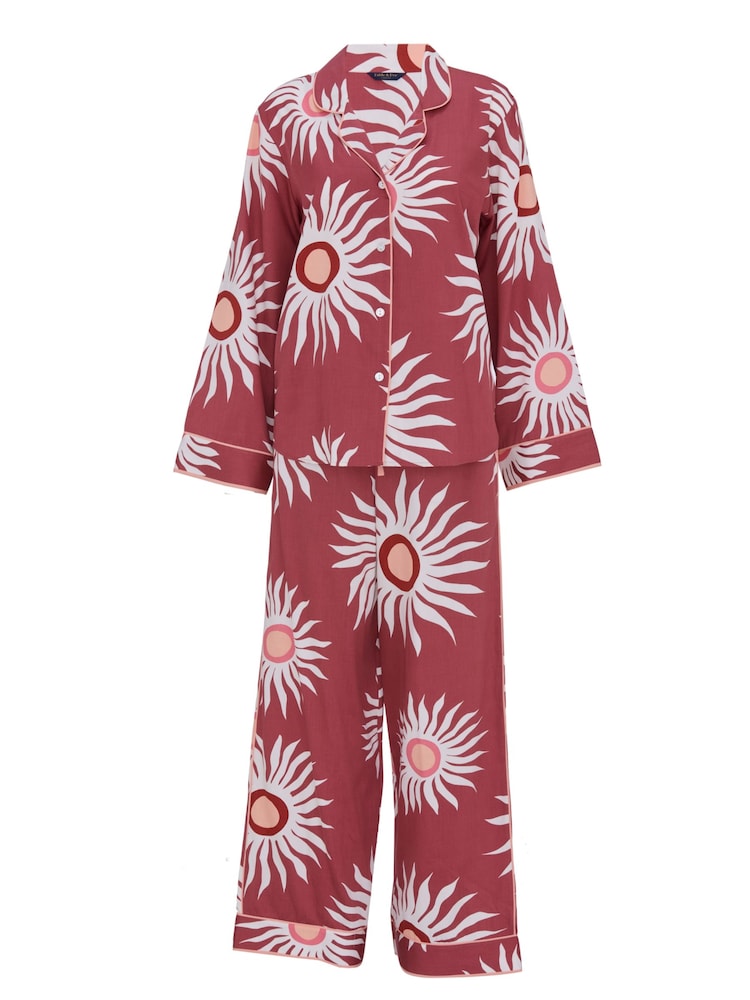 Fable and Eve Brown Abstract Sun Print Long Sleeve Wide Leg Pyjamas Set - Image 4 of 4 Fable and Eve Brown Abstract Sun Print Long Sleeve Wide Leg Pyjamas Set - Image 4 of 4