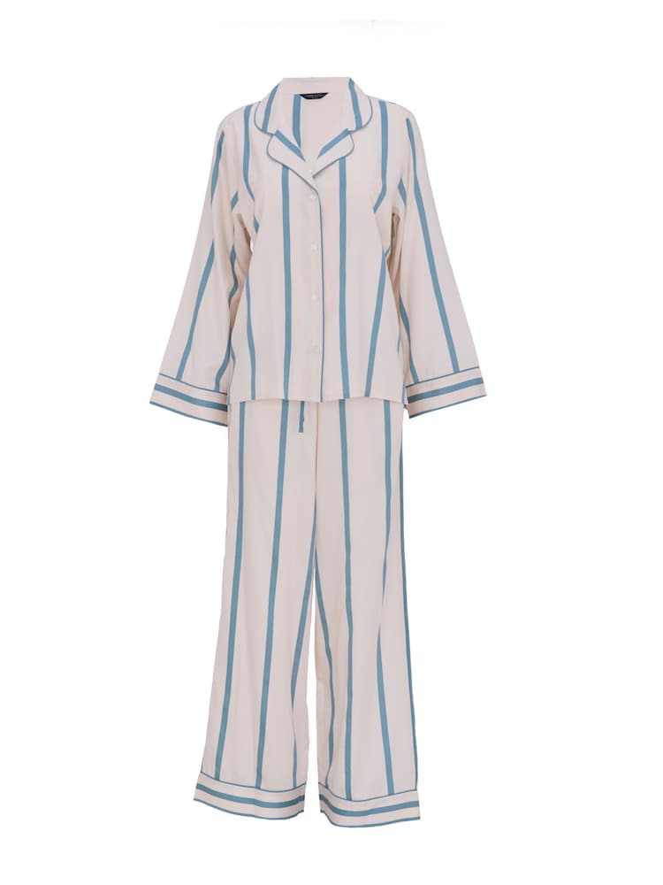 Fable and Eve Blue Printed Stripe Long Sleeve Wide Leg Pyjamas Set - Image 4 of 4