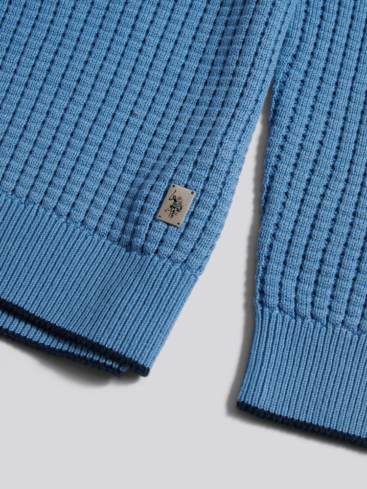 U.S. Polo Assn. Blue Open Knit Quarter Zip Funnel Jumper - Image 8 of 8