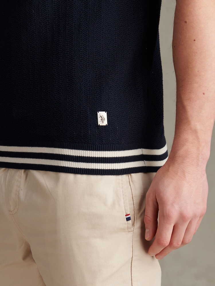 U.S. Polo Assn. Blue Tipped Open Knit Polo Shirt - Image 2 of 8