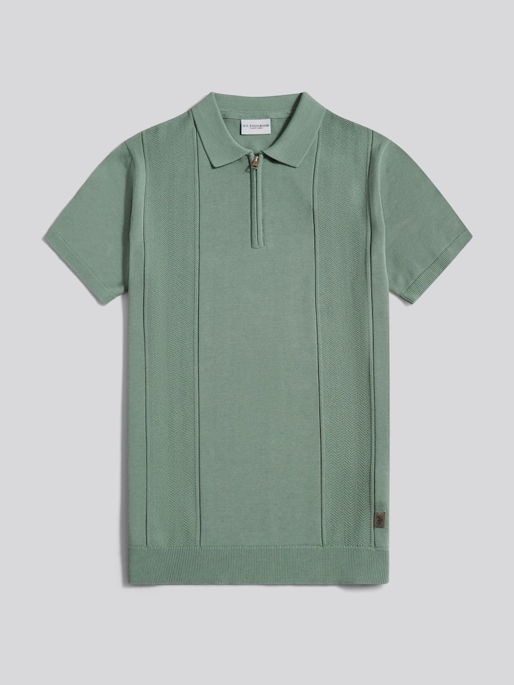 U.S. Polo Assn. Green Wide Texture Zip Knit Polo Shirt - Image 1 of 3