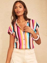 Mehrfarbig gestreift - Love & Roses Roll Sleeve Button Through Shirt - Bild 4 von 4