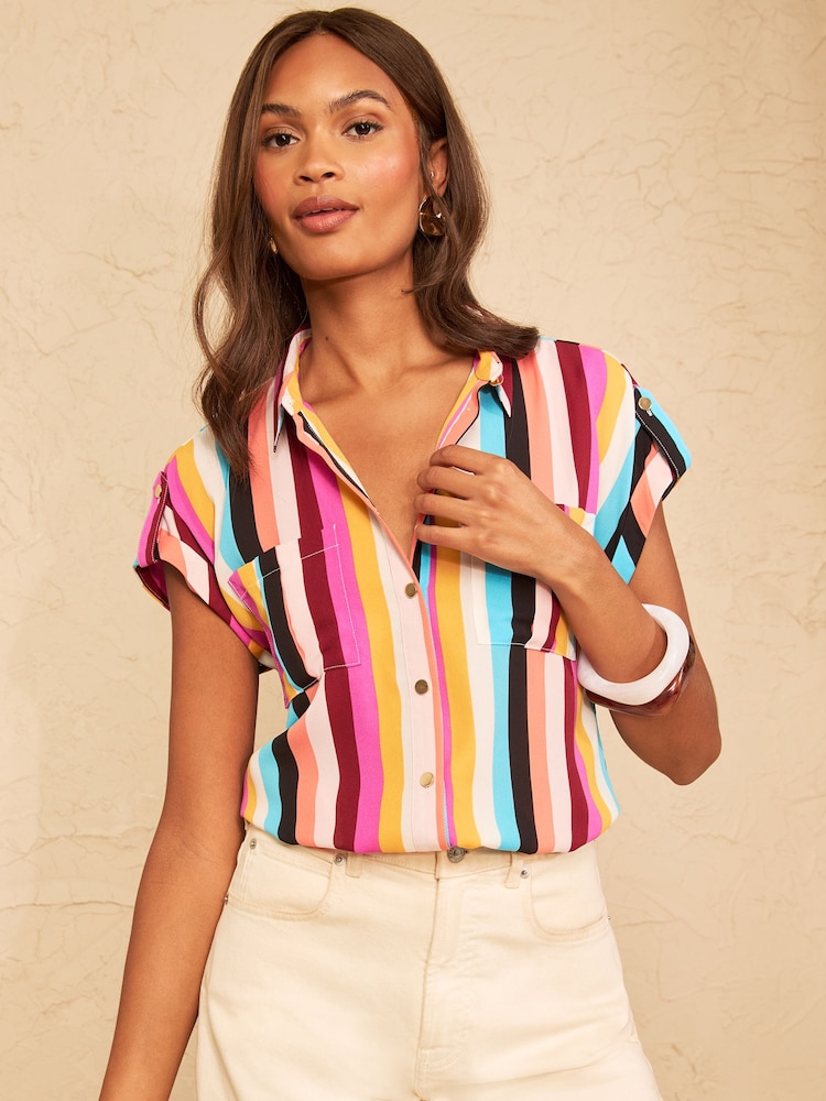 Mehrfarbig gestreift - Love & Roses Roll Sleeve Button Through Shirt - Bild 4 von 4 Mehrfarbig gestreift - Love & Roses Roll Sleeve Button Through Shirt - Bild 4 von 4