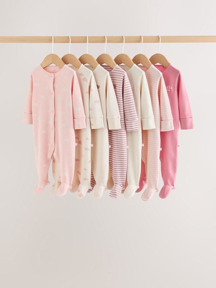 Ecru/Pink Cloud Baby Sleepsuit 7 Pack (0mths-3yrs) - Image 1 of 12 Ecru/Pink Cloud Baby Sleepsuit 7 Pack (0mths-3yrs) - Image 1 of 12