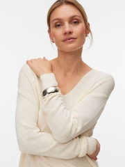 VERO MODA Cream Long Sleeve V-Neck Lightweight Jumper - Image 1 of 5