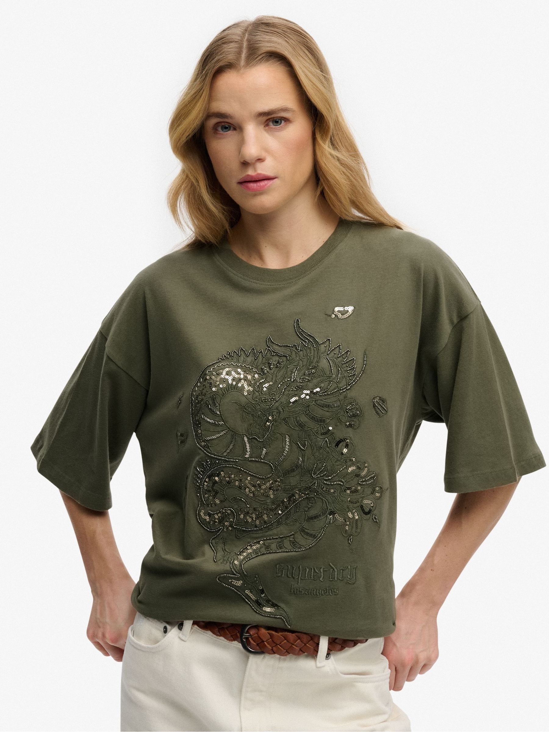 Superdry T-Shirt Donna Sportswear Logo Relaxed Tee - Colore Tender Greens, Taglia 44, Cotone Morbido