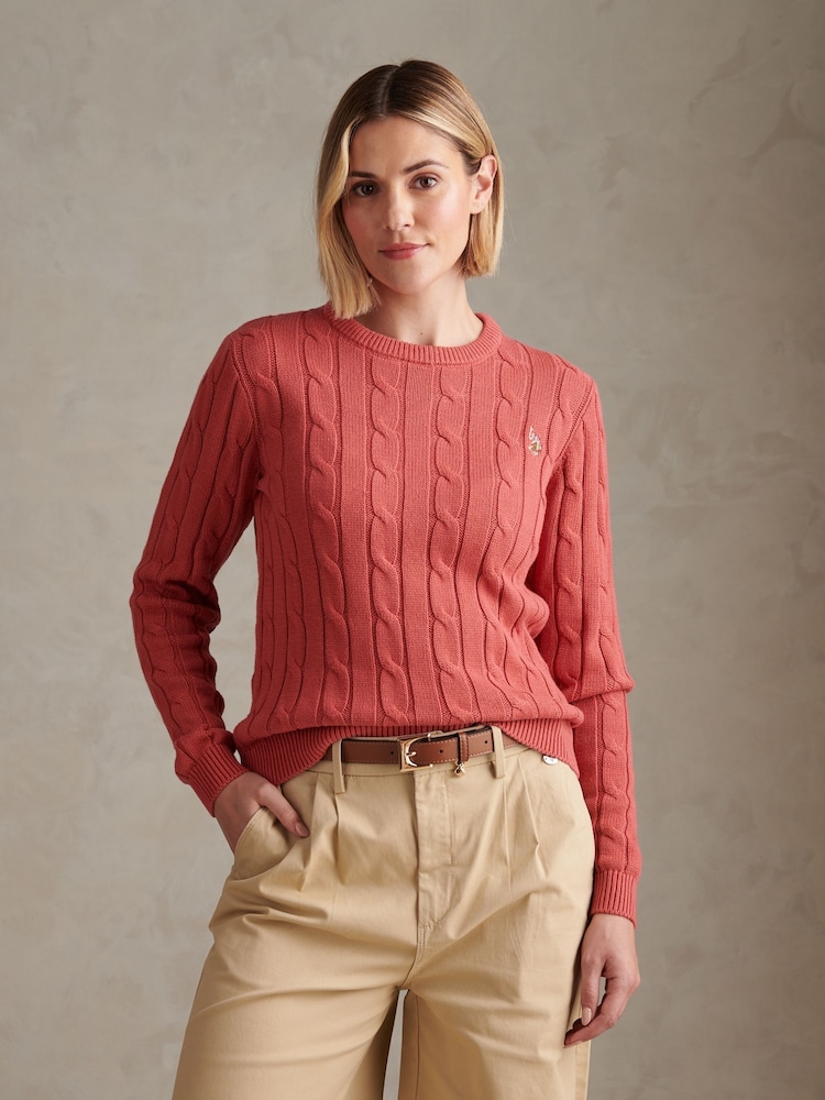 U.S. Polo Assn. Mineral Red Crew Neck Cable Knit Jumper - Image 1 of 7