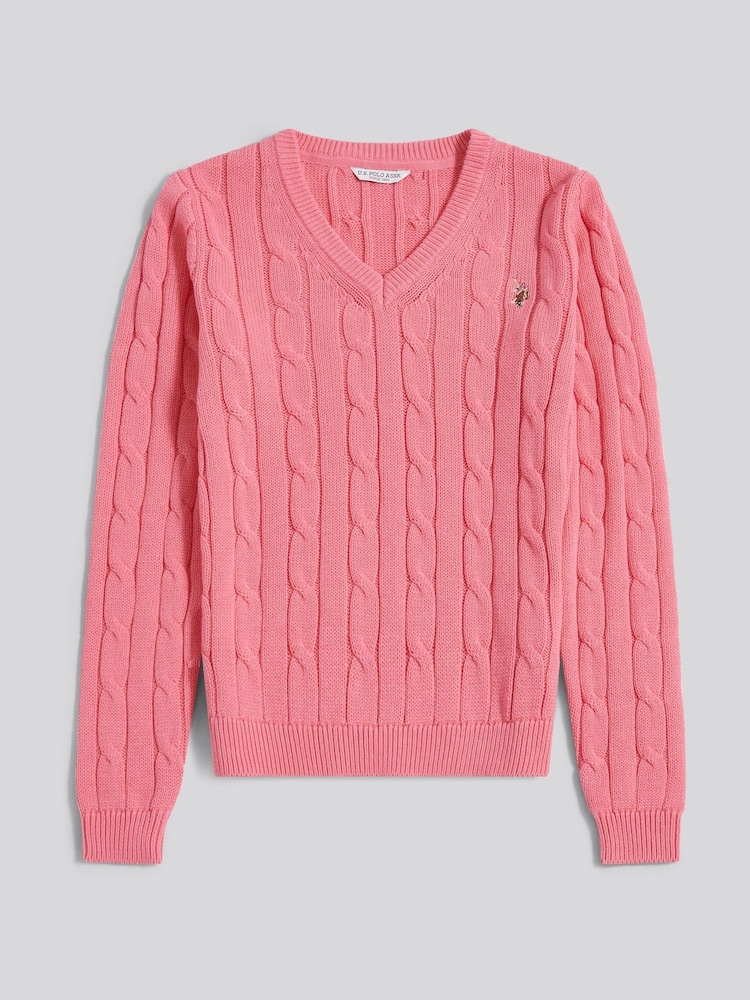 מסטיק - .U.S. Polo Assn סוודר בסריגת צמות של צווארון וי - תמונה 1 מתוך 3