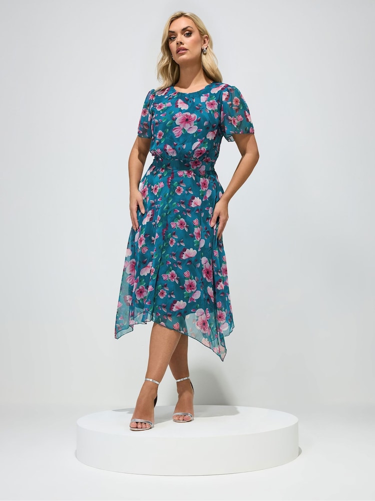 Μπλε - Yours Curve London Φλοράλ Φόρεμα με Τελείωμα με μύτες - Εικόνα 1 από 5