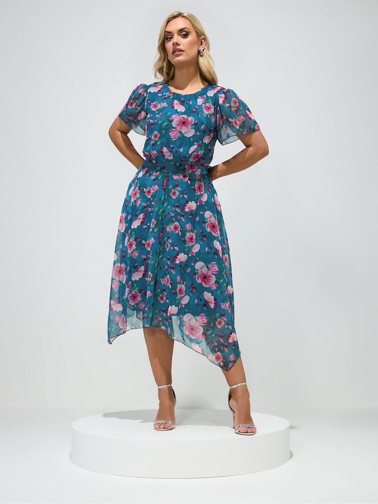 Μπλε - Yours Curve London Φλοράλ Φόρεμα με Τελείωμα με μύτες - Εικόνα 2 από 5