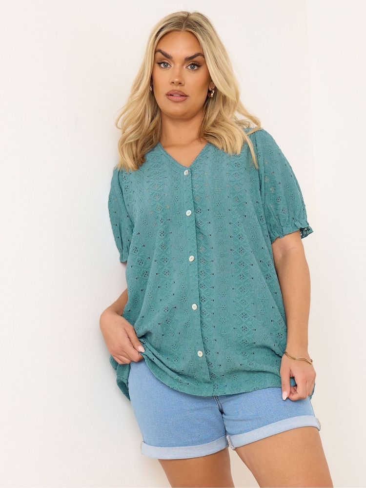 Yours Curve Blue Broderie Anglaise Puff Sleeve Blouse - Image 1 of 4 Yours Curve Blue Broderie Anglaise Puff Sleeve Blouse - Image 1 of 4