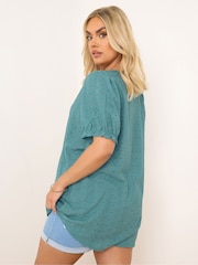 Yours Curve Blue Broderie Anglaise Puff Sleeve Blouse - Image 3 of 4