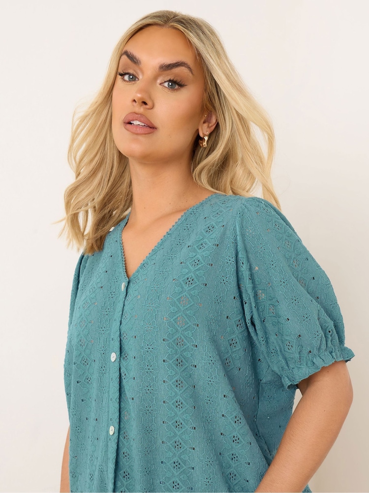 Yours Curve Blue Broderie Anglaise Puff Sleeve Blouse - Image 4 of 4 Yours Curve Blue Broderie Anglaise Puff Sleeve Blouse - Image 4 of 4