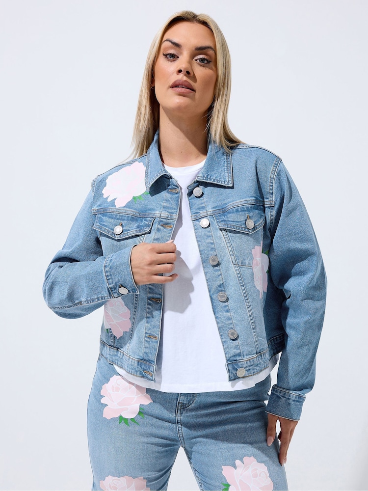 Yours Curve Blue Limited Rose Printed Jacket - Image 1 of 6