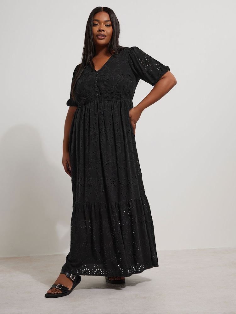 Yours Curve Black Broderie Anglaise Tiered Maxi Dress - Image 1 of 4