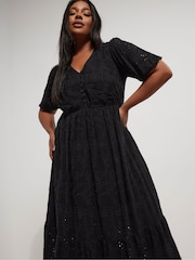 Yours Curve Black Broderie Anglaise Tiered Maxi Dress - Image 2 of 4