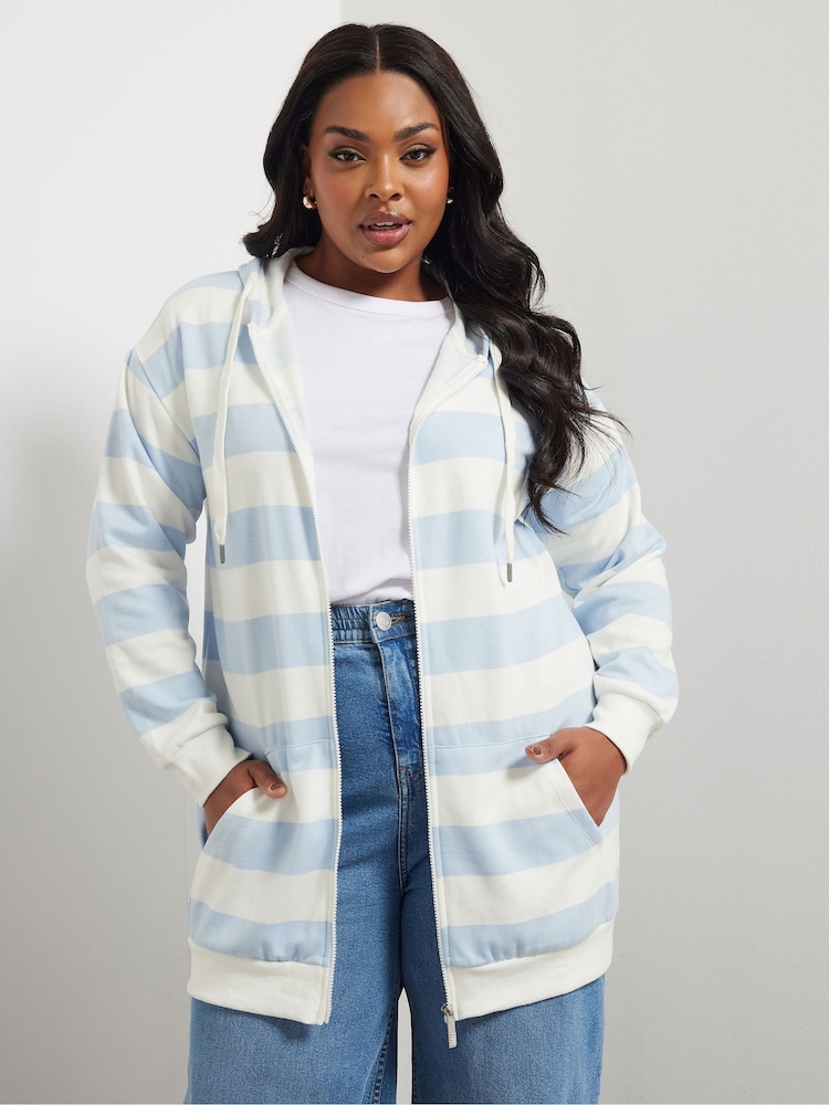Yours Curve Blue Striped Zip Through Hoodie - Image 2 of 6