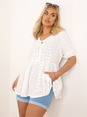 Yours Curve White Broderie Anglaise Bow Tie Front Peplum Top - Image 1 of 5