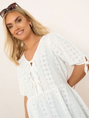 Yours Curve White Broderie Anglaise Bow Tie Front Peplum Top - Image 2 of 5