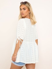 Yours Curve White Broderie Anglaise Bow Tie Front Peplum Top - Image 4 of 5