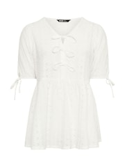 Yours Curve White Broderie Anglaise Bow Tie Front Peplum Top - Image 5 of 5
